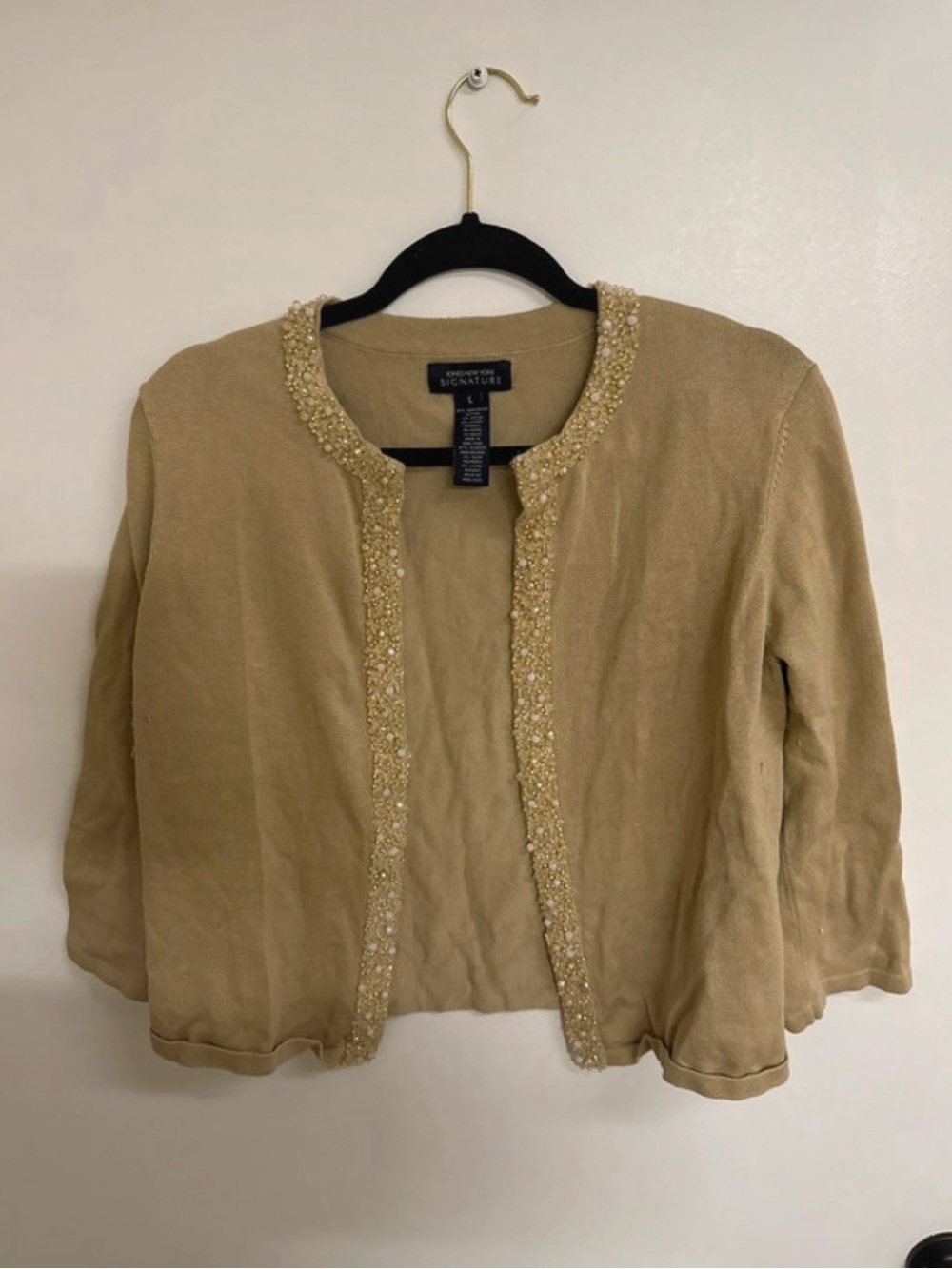 Jones New York Tan Beaded Trim Open Cardigan Jacket